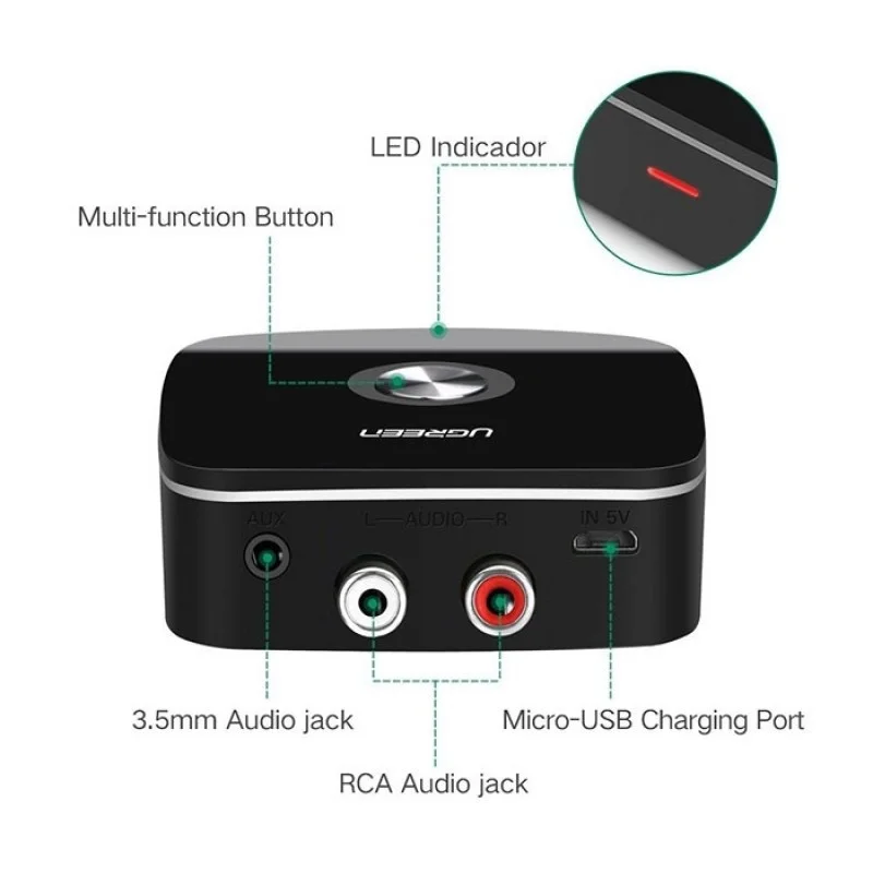 hiết bị nhận Bluetooth, màu đen hỗ trợ APTX đầu ra 3.5mm và hoa sen Ugreen (40759)