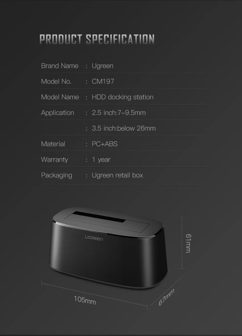 Hộp đựng ổ cứng Docking 2.5/3.5inch Sata/USB 3.0 hỗ trợ 12TB chính hãng Ugreen 50740 cao cấp — ảnh 9