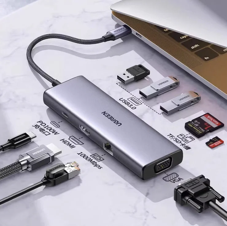 Hub chuyển đổi Type C Ugreen 15600 Sạc PD 100W, HDMI 4K@30Hz, Ethernet, USB 3.0 sang 3 cổng USB-A 3.0, VGA, RJ45 1.0Gbps, SD/TF