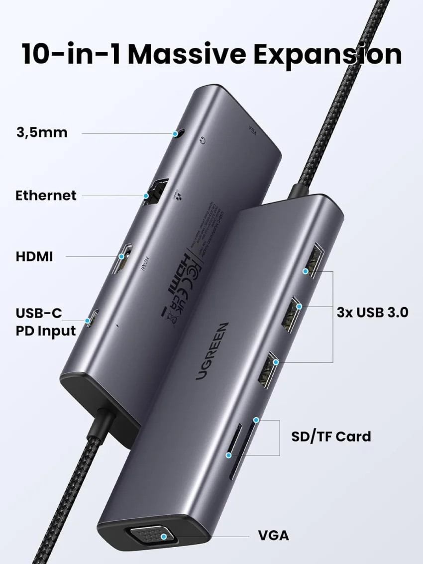 HUB chuyển đổi Type C Ugreen 15601 USB-C sang 3xUSB-A 3.0 + HDMI + VGA+ RJ45(LAN) + SD/TF +3.5mm+PD 4K30Hz — ảnh 2