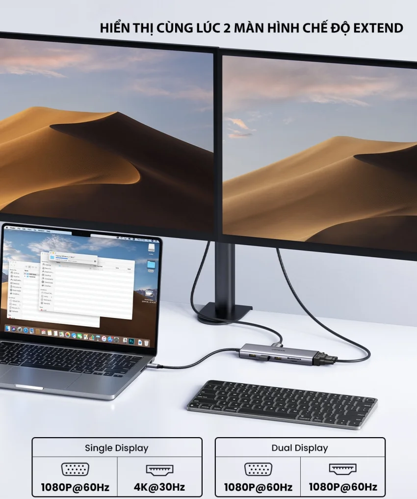 HUB chuyển đổi Type C Ugreen 15601 USB-C sang 3xUSB-A 3.0 + HDMI + VGA+ RJ45(LAN) + SD/TF +3.5mm+PD 4K30Hz