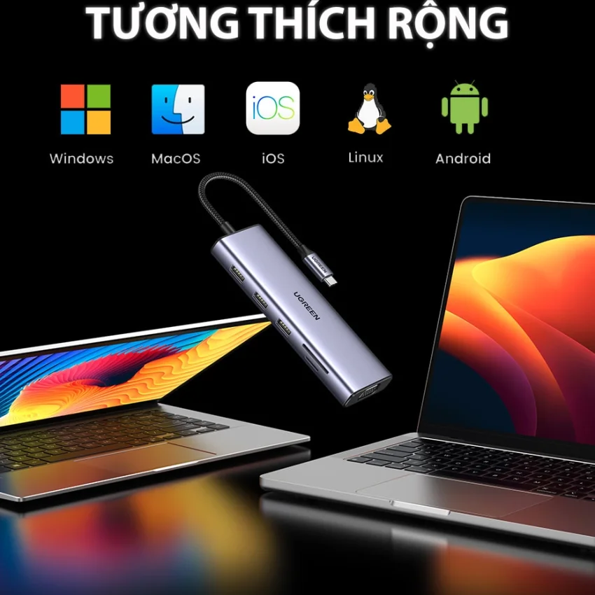 HUB chuyển đổi Type C Ugreen 15601 USB-C sang 3xUSB-A 3.0 + HDMI + VGA+ RJ45(LAN) + SD/TF +3.5mm+PD 4K30Hz