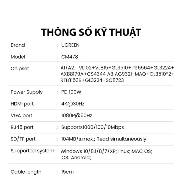 HUB chuyển đổi Type C Ugreen 15601 USB-C sang 3xUSB-A 3.0 + HDMI + VGA+ RJ45(LAN) + SD/TF +3.5mm+PD 4K30Hz