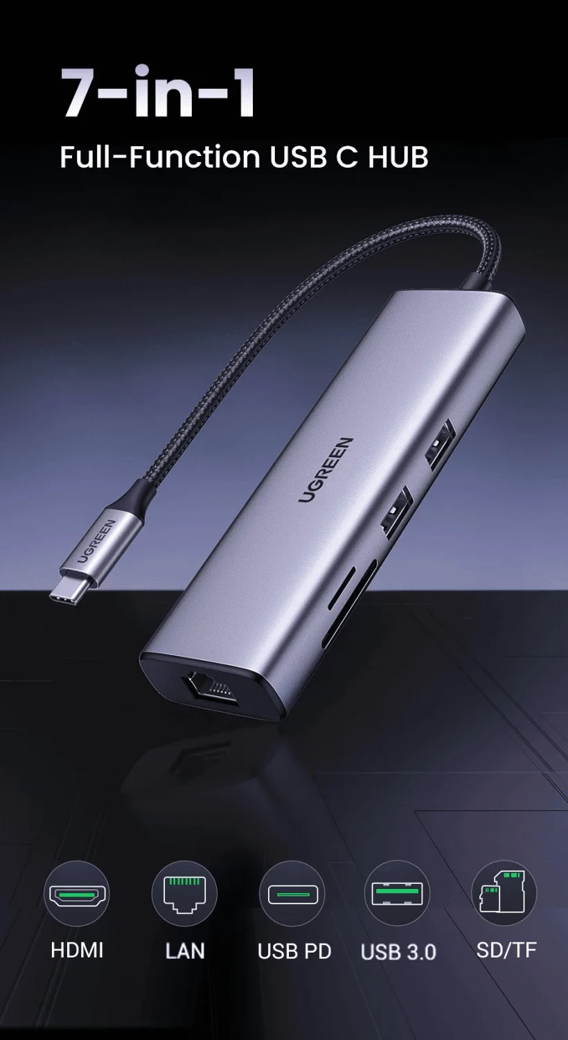 Hub chuyển đổi Type C Ugreen 90568 4K30Hz USB type C to 2 USB3.0 HDMI RJ45 SD và TF PD Converter — ảnh 4