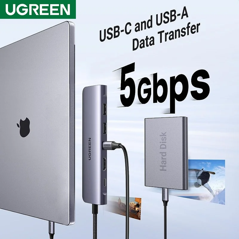 Hub Type-C 7 cổng Ugreen 15214, 2xUSB-A 3.0 +USB-C+HDMI 4K@30Hz + PD 100W