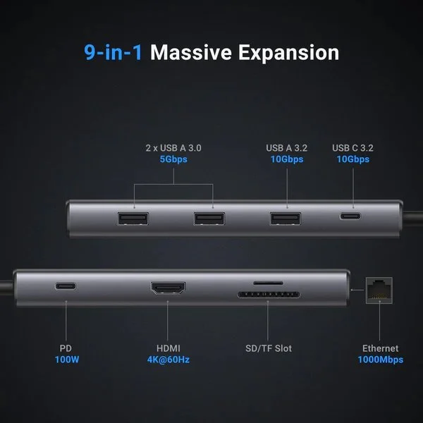 Hub Type C Ugreen 15532 2*USB A3.0 + 1USBA+ 1USB- C+HDMI+RJ45 Gigabit+SD/TF+PD — ảnh 2