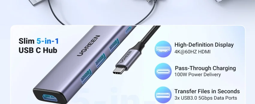 Hub USB-C Ugreen 15597 sạc nhanh 100W, HDMI 4K@60Hz 3 cổng USB-A 3.0, HDM, USB-C