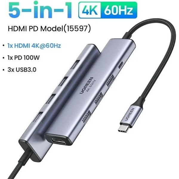 Hub USB-C Ugreen 15597 sạc nhanh 100W, HDMI 4K@60Hz 3 cổng USB-A 3.0, HDM, USB-C