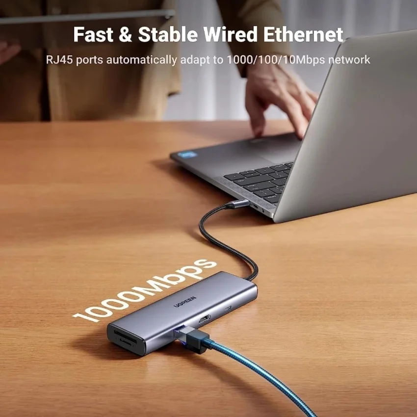 Hub USB Type-C sang HDMI 4K@60Hz Ugreen 15375 Lan 1Gbps, Type-C, USB 3.0, SD/TF Sạc PD 100W