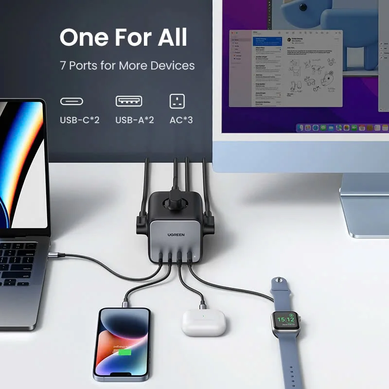 Ổ cắm điện đa năng UGREEN C268 trạm sạc để bàn 65W 2 USB-C, 2 USB-A Chân cắm UK (40861)
