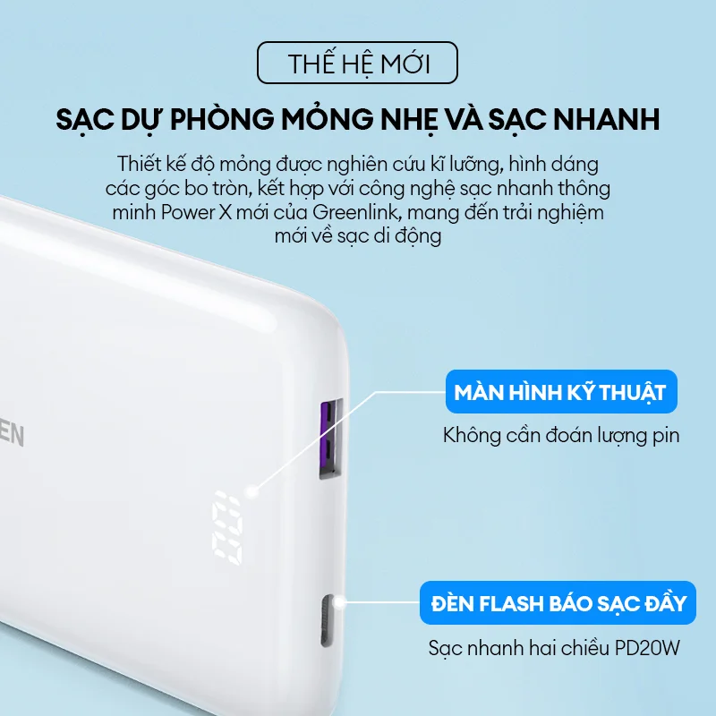 Pin sạc dự phòng PD 20W+22.5W 2 cổng USB-A & USB-C 10000mAh sạc nhanh 2 chiều Ugreen