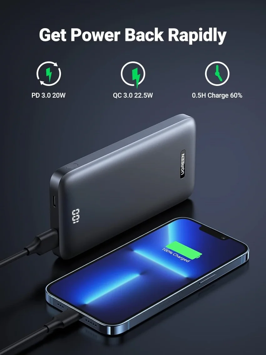 Pin sạc dùng cho điện thoại, 10000mAh Li-ion, màu xám 2 cổng đầu ra Ugreen 60689 — ảnh 8