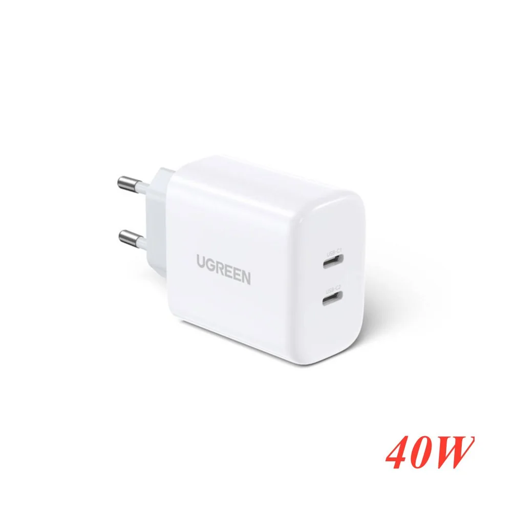 Sạc điện thoại 2 cổng USB-C 40W màu trắng chân cắm tròn EU Ugreen (10343)