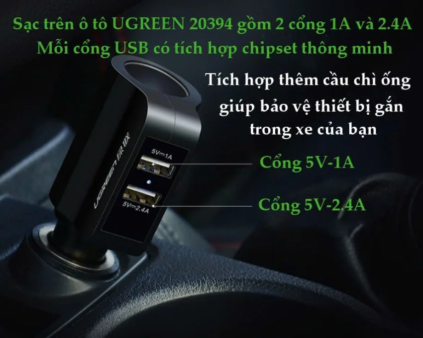 Sạc điện thoại/máy tính bảng 2 cổng USB 2.0 trên ô tô UGREEN CD115 20394 — ảnh 11