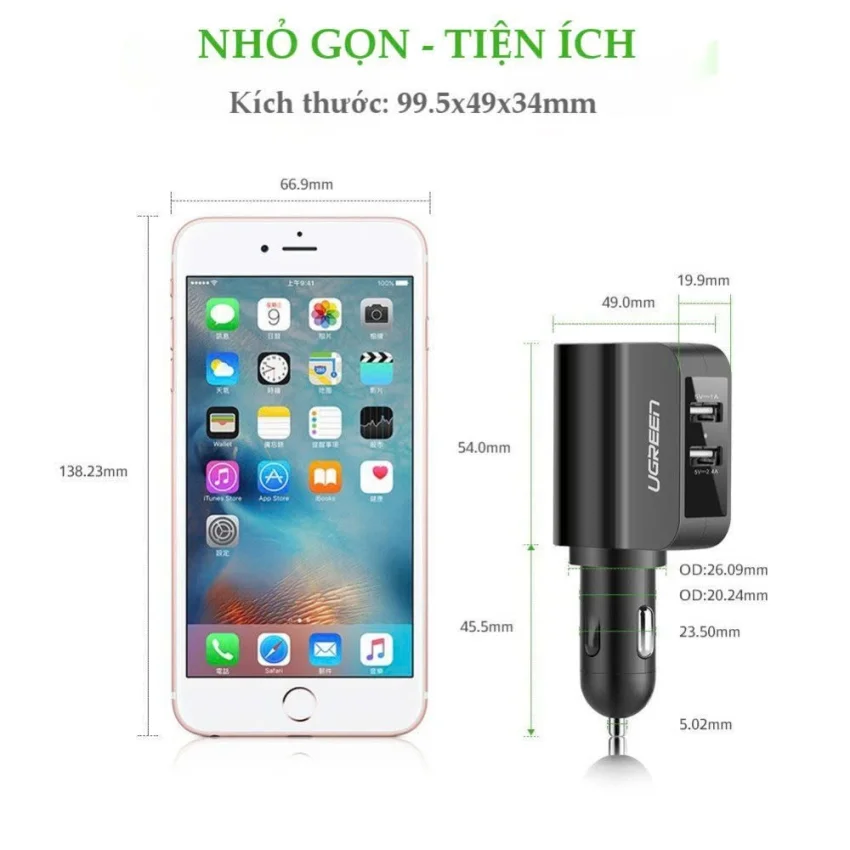 Sạc điện thoại/máy tính bảng 2 cổng USB 2.0 trên ô tô UGREEN CD115 20394