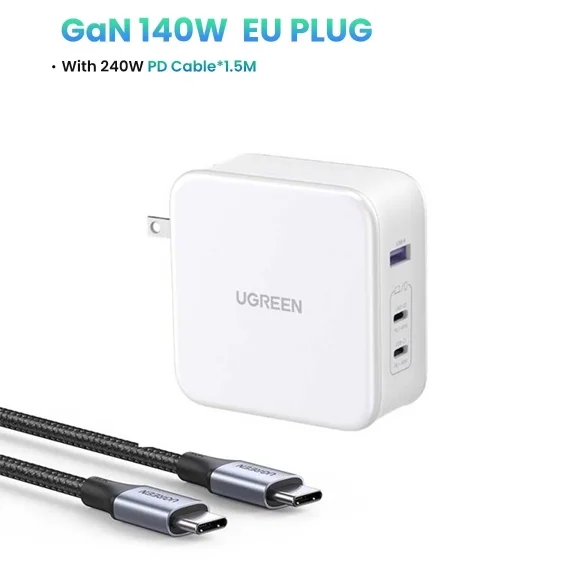 Sạc nhanh 140W chân dẹt Ugreen CD289 công nghệ GaN sạc nhanh 140W 2xUSB-C, 1xUSB-A sa màu trắng (15338)