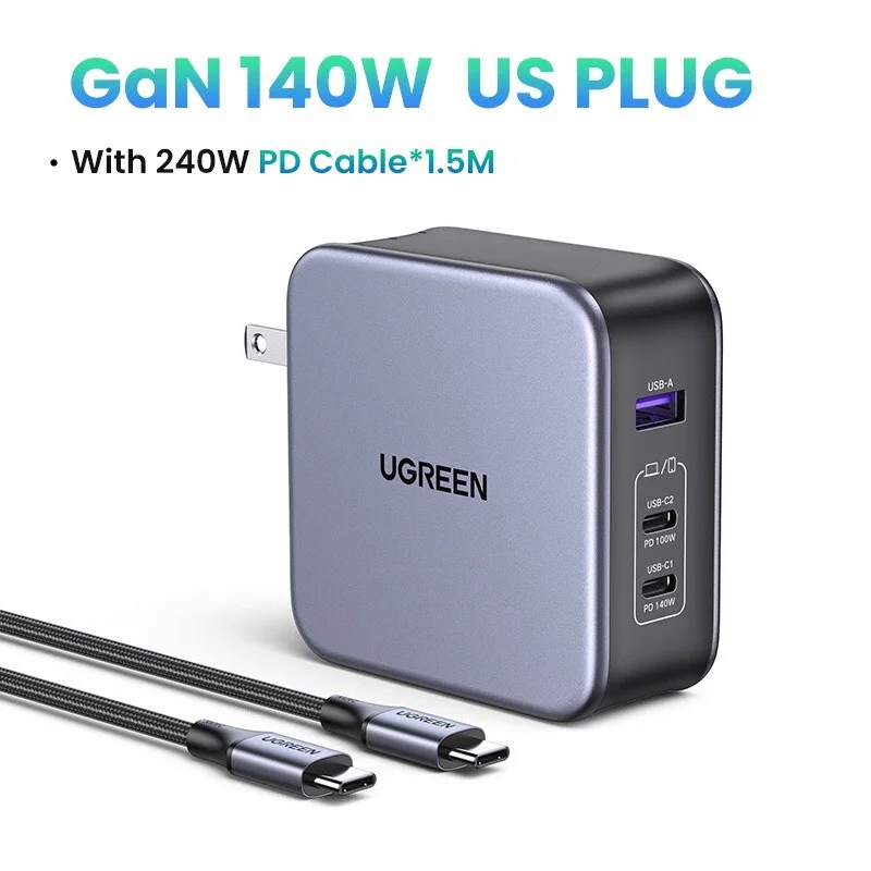 Sạc nhanh 140W chân dẹt Ugreen CD289 công nghệ GaN sạc nhanh 140W 2xUSB-C, 1xUSB-A sa màu xám (90548)