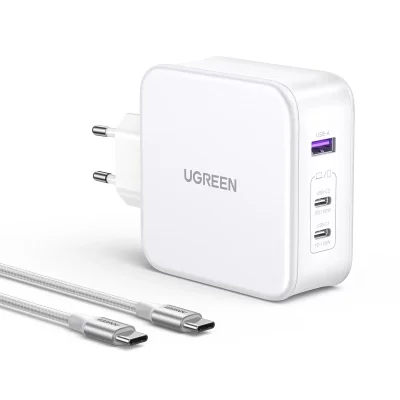 Sạc nhanh 140W chân tròn Ugreen CD289 15339 công nghệ GaN 2xUSB-C, 1xUSB-A, kèm dây sạc, màu trắng