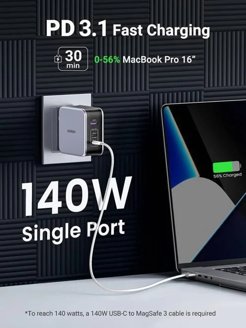 Sạc nhanh 140W chân tròn Ugreen CD289 15339 công nghệ GaN 2xUSB-C, 1xUSB-A, kèm dây sạc, màu trắng — ảnh 2