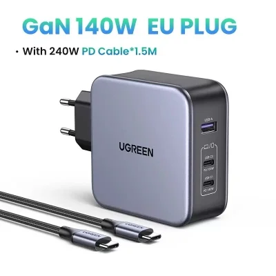 Sạc nhanh 140W chân dẹt Ugreen CD289 công nghệ GaN sạc nhanh 140W 2xUSB-C, 1xUSB-A sa màu xám (90548)