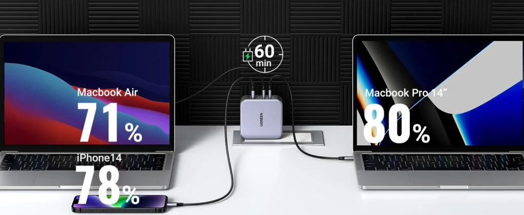 Sạc nhanh 140W chân dẹt Ugreen CD289 công nghệ GaN sạc nhanh 140W 2xUSB-C, 1xUSB-A sa màu xám (90548)