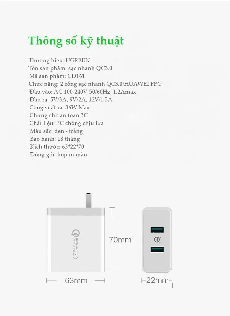 Sạc nhanh 2 cổng UGREEN CD161 – Sạc nhanh Quick Charge 3.0, tối đa 18W mỗi cổng Đen chân dẹt — ảnh 17