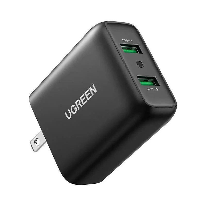 Sạc nhanh 2 cổng UGREEN CD161 – Sạc nhanh Quick Charge 3.0, tối đa 18W mỗi cổng Đen chân dẹt