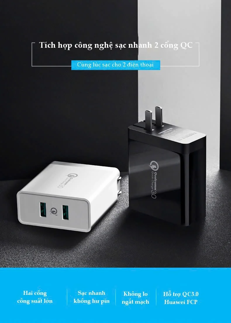 Sạc nhanh 2 cổng UGREEN CD161 – Sạc nhanh Quick Charge 3.0, tối đa 18W mỗi cổng Đen chân dẹt