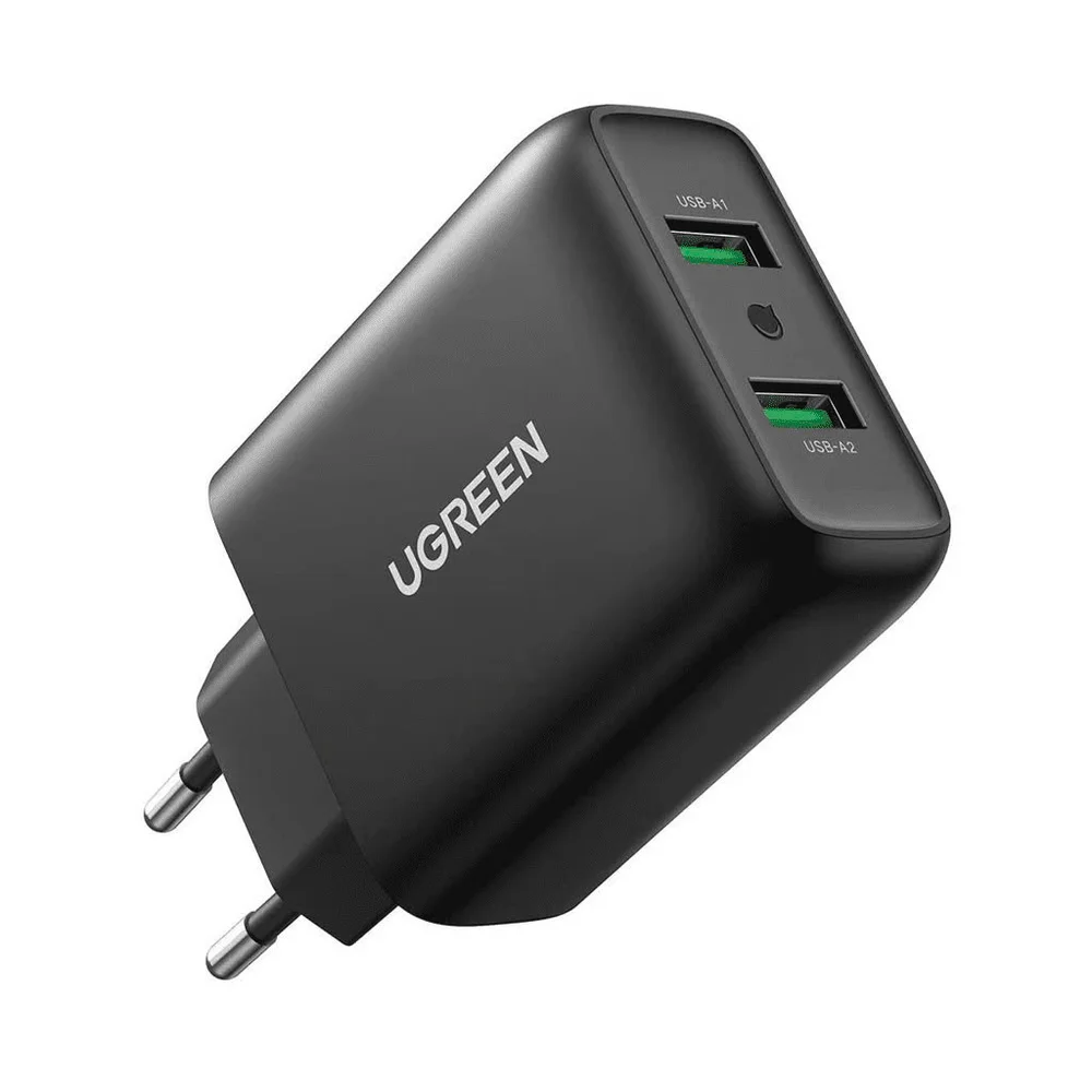 Sạc nhanh 2 cổng UGREEN CD161 – Sạc nhanh Quick Charge 3.0, tối đa 18W mỗi cổng Đen chân tròn