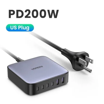 Sạc nhanh GaN 200W Ugreen CD271 4 cổng USB-C, 2 cổng USB-A chân US (40913)