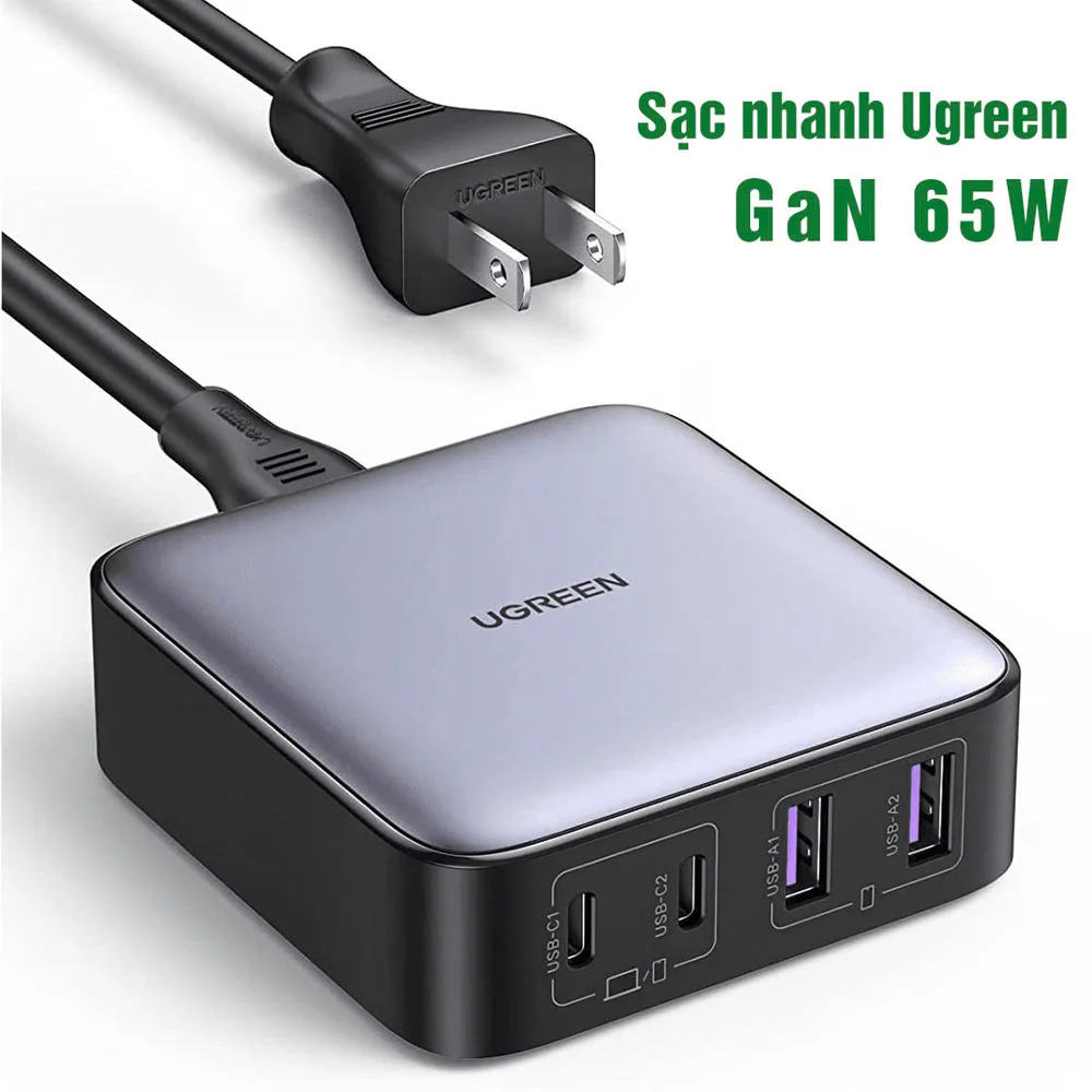 Sạc nhanh GaN 65W Ugreen CD327 2C2A chân dẹt