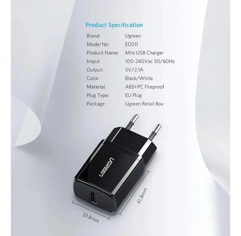 Sạc USB 1 cổng 2.1A màu đen Ugreen (50459)