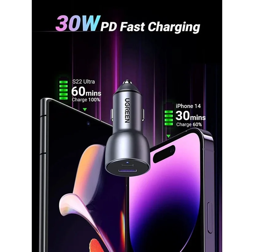 Sạc USB 2 cổng cho ô tô QC 3.0 và Type-C màu ghi xám PD45W+QC3.0 18W Ugreen 90797