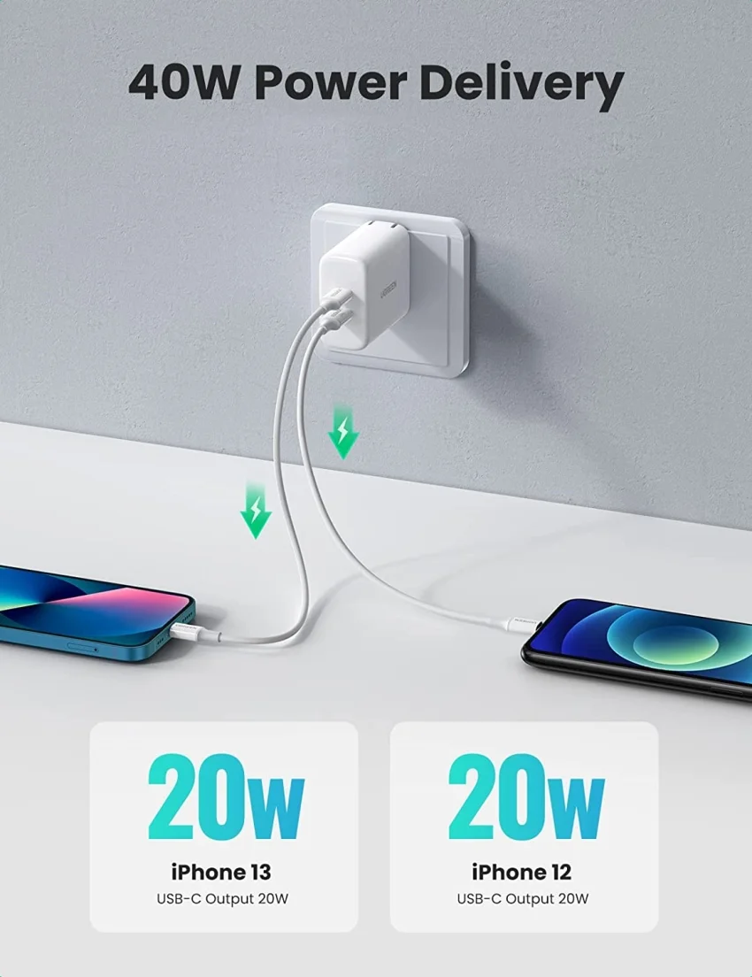 Sạc USB-C 2 cổng PD 40W màu trắng chuẩn cắm US Ugreen (10342) — ảnh 3