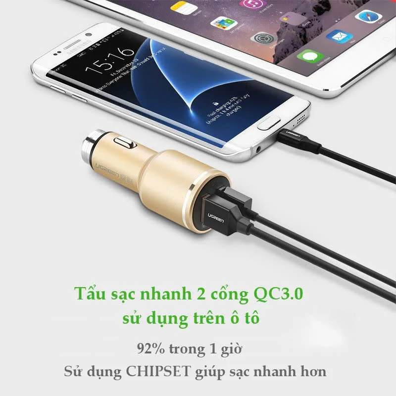 Tẩu sạc điện thoại/máy tính bảng (1 cổng QC3.0) danh riêng trên ô tô UGREEN CD130 30514