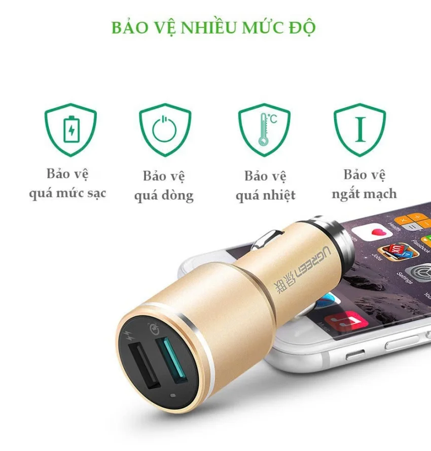 Tẩu sạc điện thoại/máy tính bảng (1 cổng QC3.0) danh riêng trên ô tô UGREEN CD130 30514