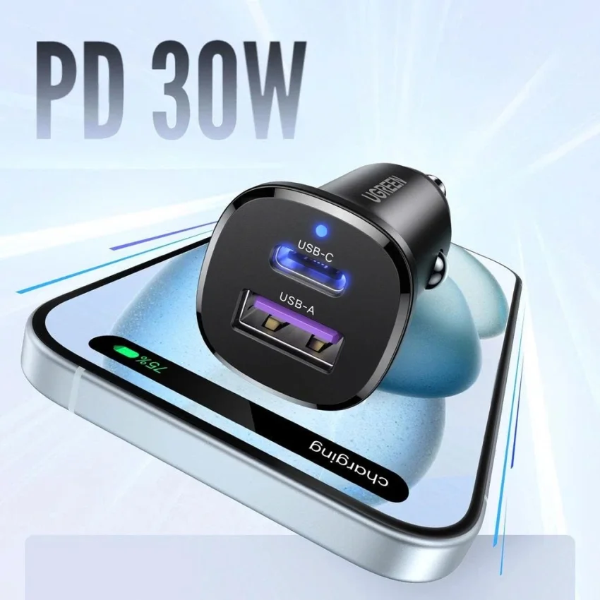 Tẩu sạc nhanh ô-tô 2 cổng 1C1A 30W Ugreen 25845