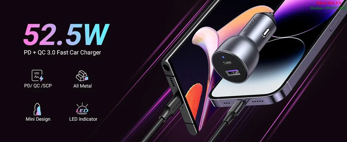 Tẩu sạc nhanh ô-tô 2 cổng 1C1A 36W Ugreen 60980