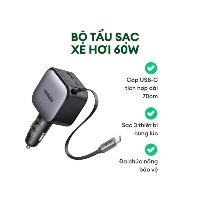 Tẩu sạc nhanh ô-tô 2 cổng, kèm cáp Type C 60W Ugreen 55212B — ảnh 2