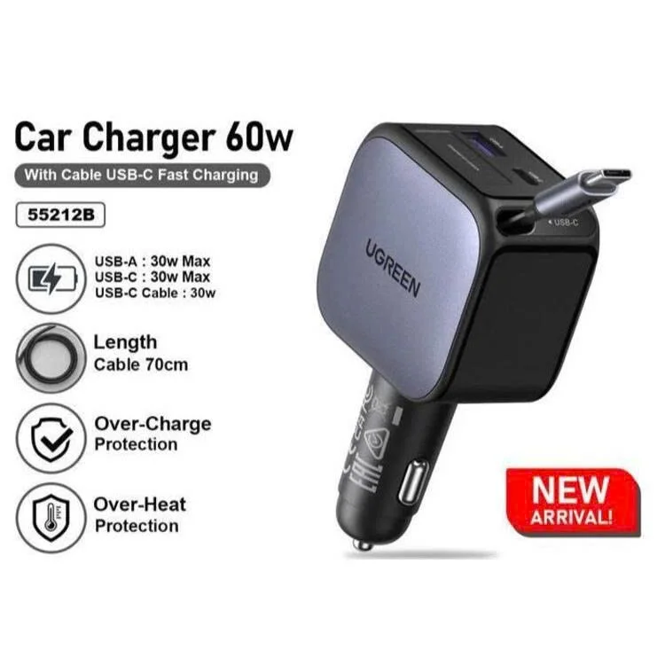 Tẩu sạc nhanh ô-tô 2 cổng, kèm cáp Type C 60W Ugreen 55212B — ảnh 3