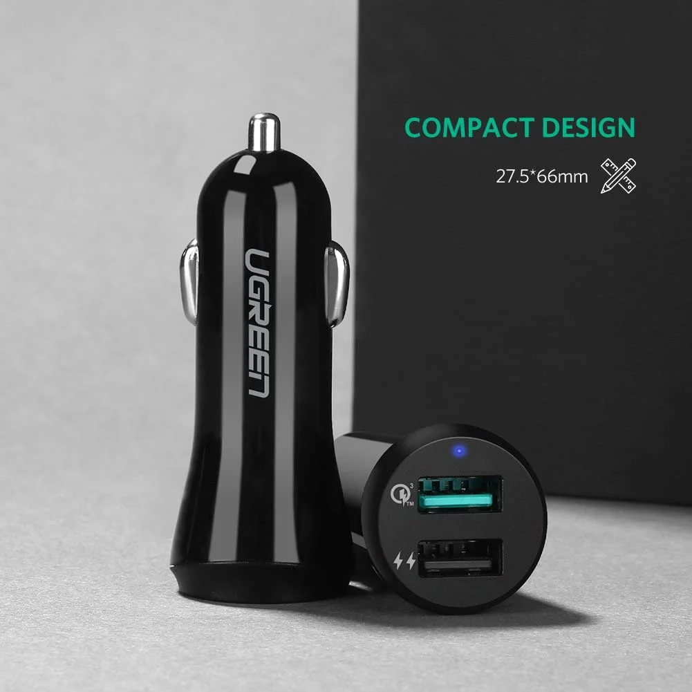 Tẩu sạc nhanh ô tô UGREEN CD114 – Sạc nhanh Quick Charge 3.0 dòng 3A, sạc đồng thời 2 thiết bị cùng lúc