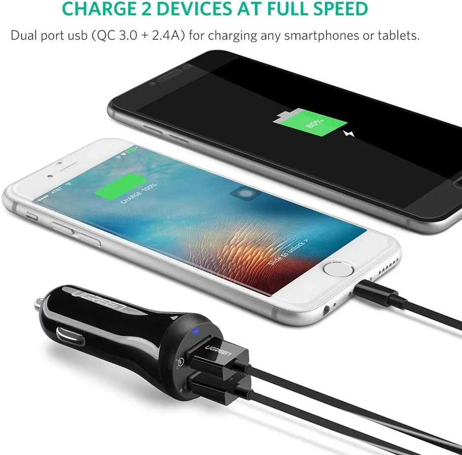 Tẩu sạc nhanh ô tô UGREEN CD114 – Sạc nhanh Quick Charge 3.0 dòng 3A, sạc đồng thời 2 thiết bị cùng lúc