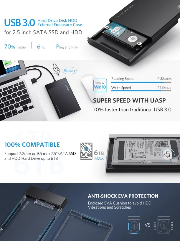 Thiết bị đựng ổ cứng 2.5 inch, dùng để kết nối ổ cứng sata với máy tính qua cổng usb, kèm dây cáp rời màu đen Ugreen (30848) — ảnh 6