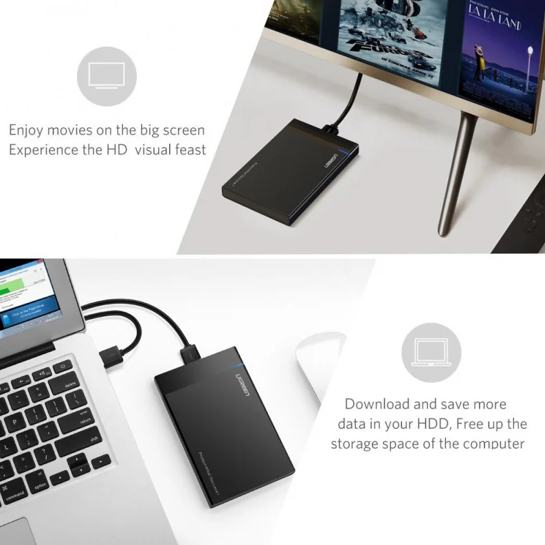 Thiết bị đựng ổ cứng 2.5 inch, dùng để kết nối ổ cứng sata với máy tính qua cổng usb, kèm dây cáp rời màu đen Ugreen (30848)