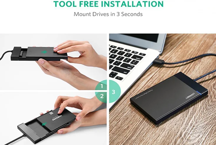Thiết bị đựng ổ cứng 2.5 inch, dùng để kết nối ổ cứng sata với máy tính qua cổng usb, kèm dây cáp rời màu đen Ugreen (30848)