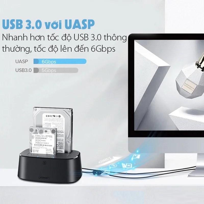 Thiết bị đựng ổ cứng 3.5 inch, dùng để kết nối ổ cứng sata với máy tính qua cổng usb, kèm dây cáp Ugreen (50857) — ảnh 3