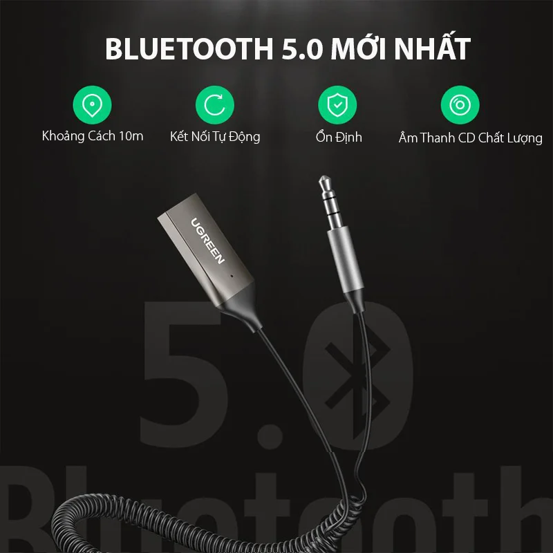 Thiết bị nhận Bluetooth 5.0 công suất 10mW, màu đen đầu ra 3.5mm Ugreen (70601)