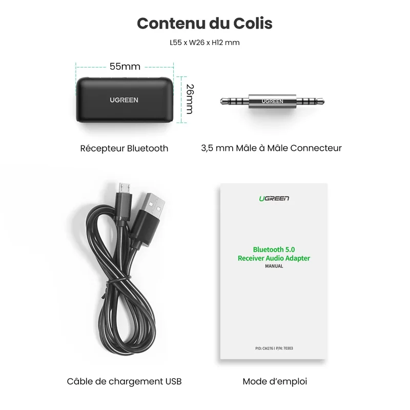 Thiết bị nhận Bluetooth 5.0 công suất 10mW, màu đen Ugreen (70303)