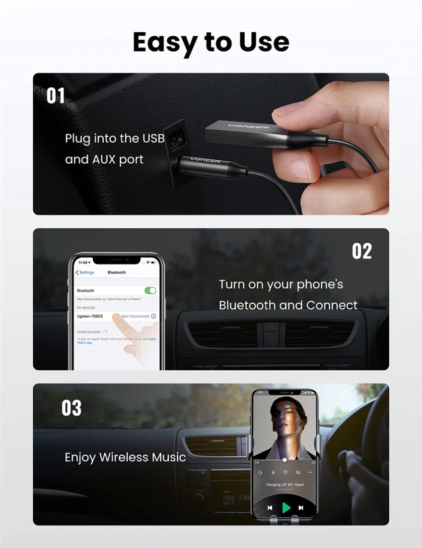 Thiết bị nhận Bluetooth 5.0 công suất Bluetooth 10mW, đầu ra 3.5mm Ugreen (70603)