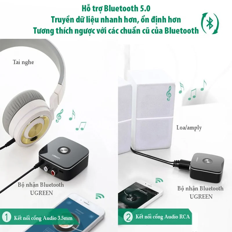 Thiết bị nhận Bluetooth công suất Bluetooth 20mW, màu đen đầu ra 3.5mm và hoa sen Ugreen